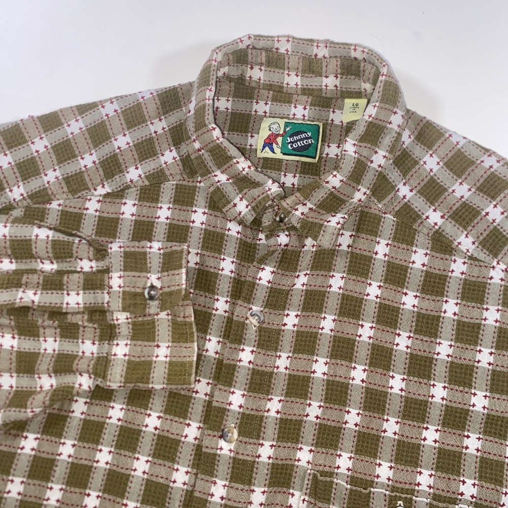 Johnny Cotton Mens Olive Green Waffle Plaid Button Down Shirt Large Made in USA